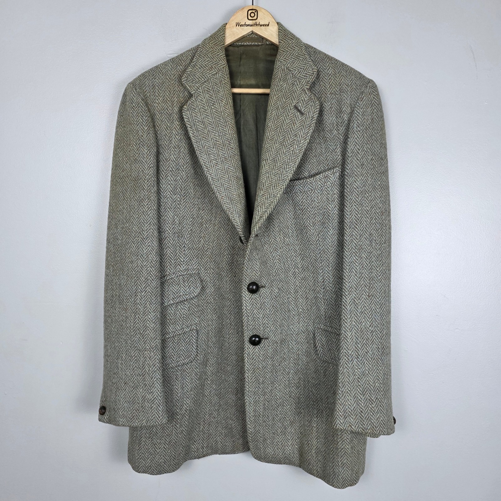 Harris Tweed 1940s Herringbone Sport Coat Vintage Wool Wwii Era Mourning Patch
